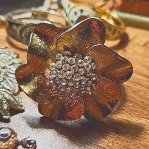Large Brushed Gold Tone Rhinestone Flower Hinge Bracelet